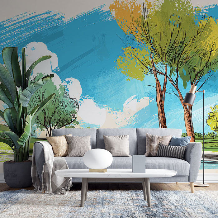 Un salon lumineux avec un papier peint artistique représentant un paysage naturel aux teintes vives de bleu, vert et jaune, créant une atmosphère apaisante et rafraîchissante.