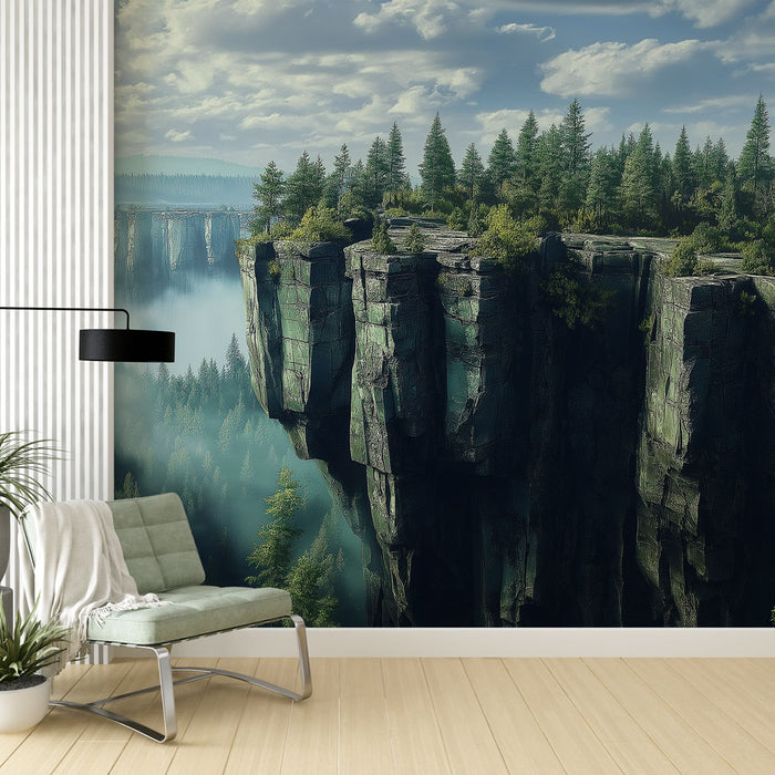 Une pièce moderne avec un papier peint représentant un paysage montagneux majestueux, mêlant des teintes de vert et de bleu, créant une atmosphère apaisante et naturelle.