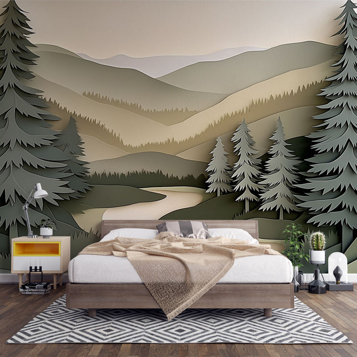 Papier peint paysage naturel avec forêt stylisée, rivières sinueuses et montagnes en arrière-plan pour chambre moderne.
