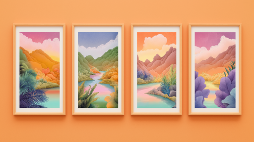 Papier peint paysage naturel Illustrations colorées de montagnes et rivières
