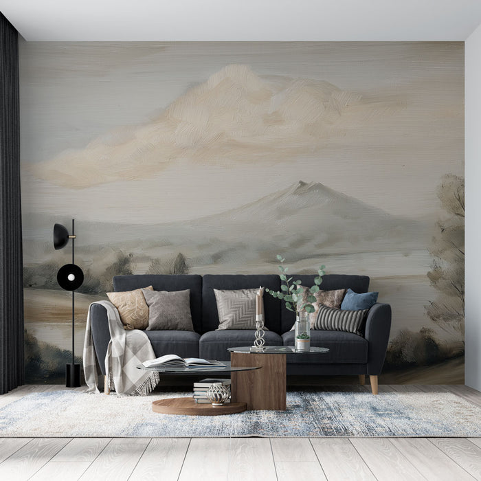 Un salon moderne avec un papier peint représentant un paysage montagneux aux teintes douces et apaisantes, créant une atmosphère sereine et élégante.