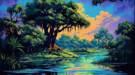 Papier peint paysage naturel Scène de marais avec arbres luxuriants et reflets aquatiques