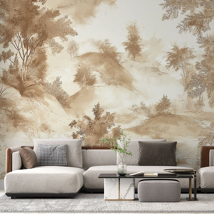 Papier peint paysage naturel avec teintes nuancées de beige et marron pour salon élégant