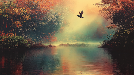 Papier peint paysage naturel Un reflet enchanteur de forêt automnale au bord de l'eau