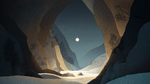 Papier peint paysage nocturne Cavité montagnarde sous la lune