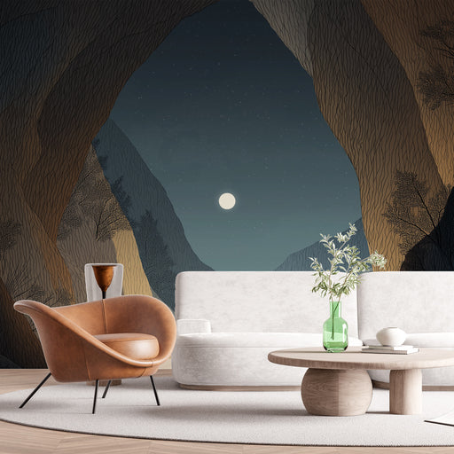 Un salon contemporain avec un papier peint représentant un paysage nocturne stylisé, où la lune éclaire des montagnes aux lignes délicates, créant une atmosphère apaisante et rêveuse.
