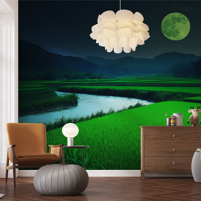 Papier peint paysage nocturne avec champs de riz sous une lune éclatante pour salon moderne.