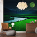 Papier peint paysage nocturne avec champs de riz sous une lune éclatante pour salon moderne.