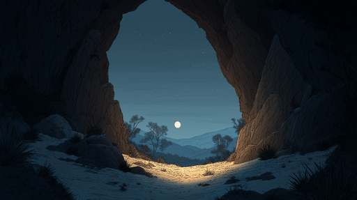 Papier peint paysage nocturne Grotte avec lune et montagnes en arrière-plan