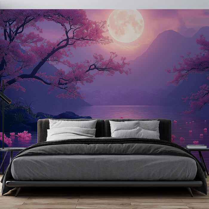 Une chambre apaisante avec un papier peint représentant un paysage nocturne en violet, orné de cerisiers en fleurs et d'une lune éclatante.