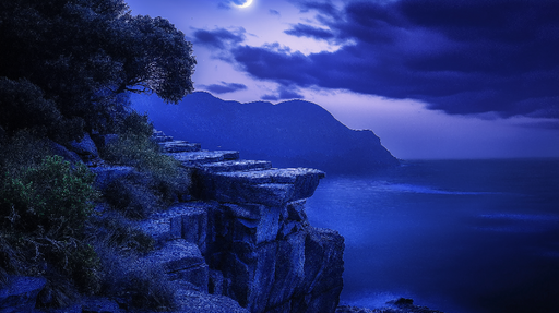 Papier peint paysage nocturne Rivage mystique baigné de bleu sous la lune