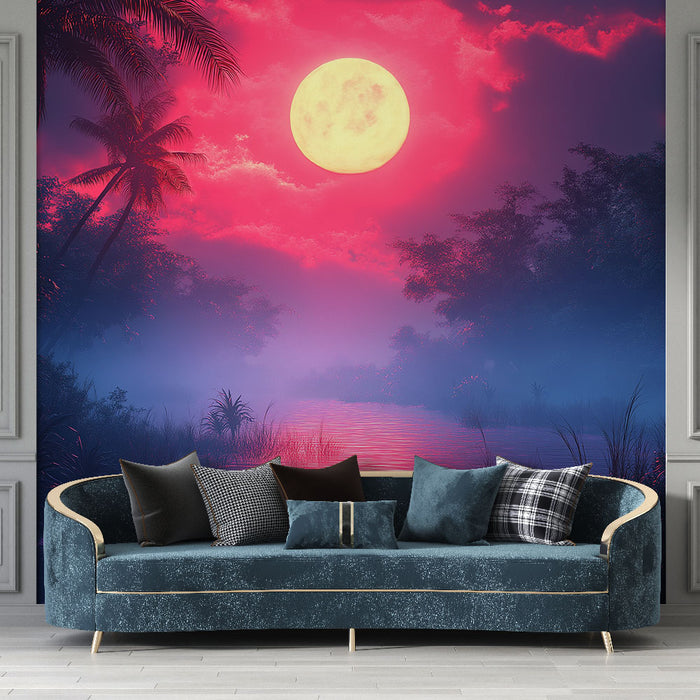 Un salon contemporain avec un papier peint représentant un paysage nocturne vibrant, mêlant des teintes roses et bleues, évoquant une atmosphère mystique et apaisante.