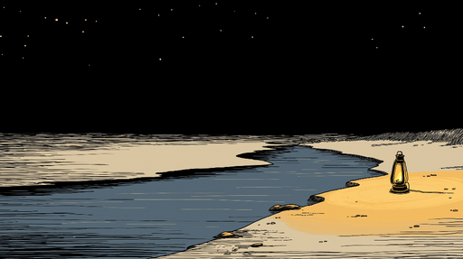 Papier peint paysage nocturne Rivière paisible sous un ciel étoilé avec une lampe à huile