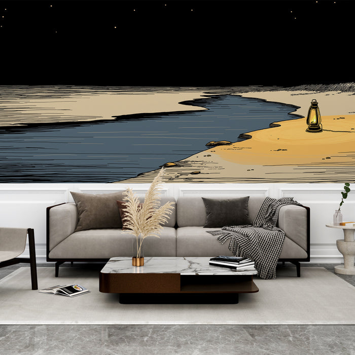 Une pièce moderne avec un papier peint illustrant une scène nocturne de plage, mêlant des teintes sombres et dorées pour une ambiance apaisante et contemplative.