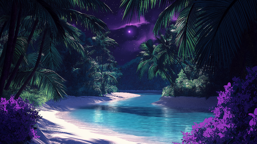 Papier peint paysage nocturne Rivière scintillante sous les palmiers sous un ciel étoilé