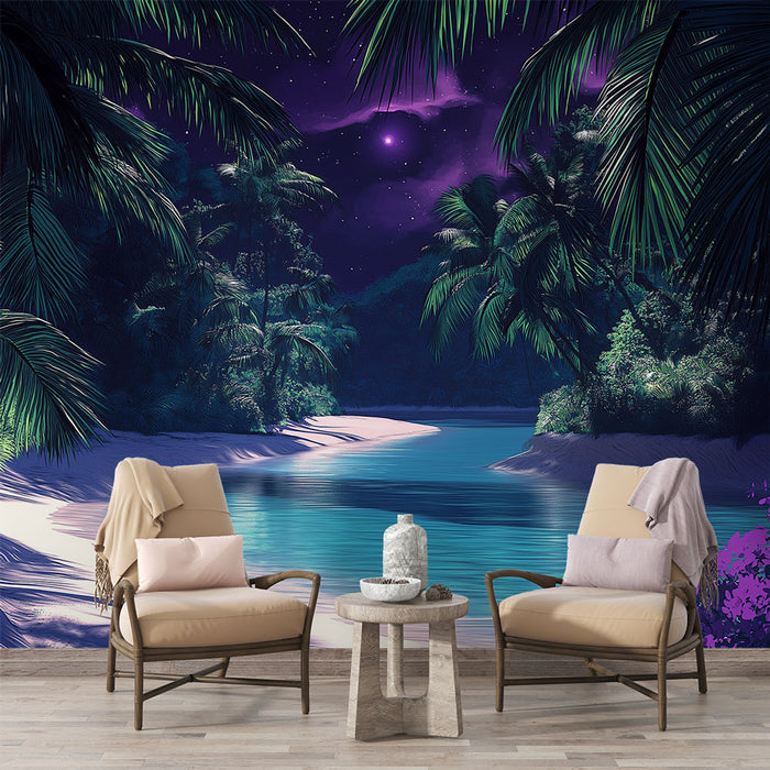 Une pièce de vie élégante avec un papier peint tropical représentant une scène nocturne de palmiers et d'un ruisseau sous un ciel étoilé, évoquant une atmosphère sereine et enchanteresse.