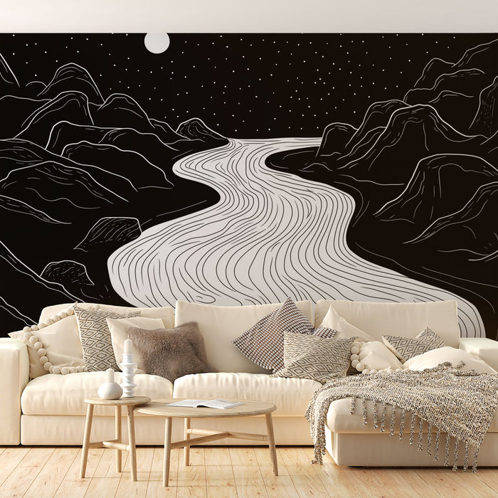 Un salon contemporain avec un papier peint monochrome représentant un paysage stylisé de montagnes et d'une rivière sinueuse, créant une ambiance apaisante et artistique.