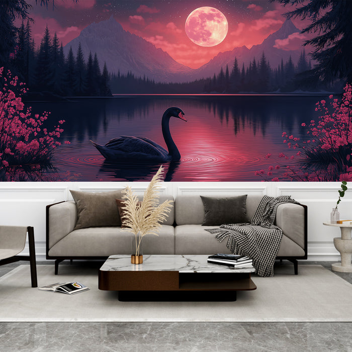 Une pièce moderne avec un papier peint représentant un lac au coucher de soleil, un cygne noir et des fleurs roses, créant une atmosphère paisible et romantique.