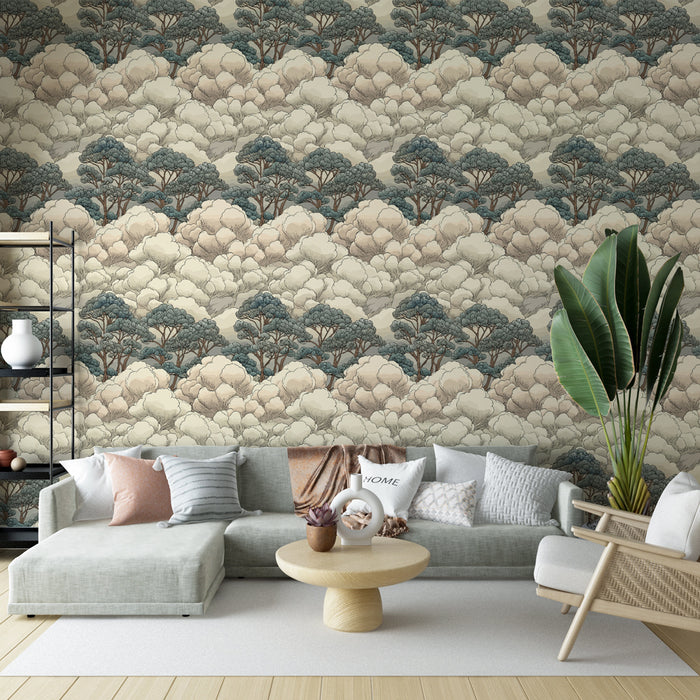 Un salon moderne avec un papier peint représentant des arbres stylisés dans des teintes douces de beige et bleu, créant une atmosphère apaisante et naturelle.