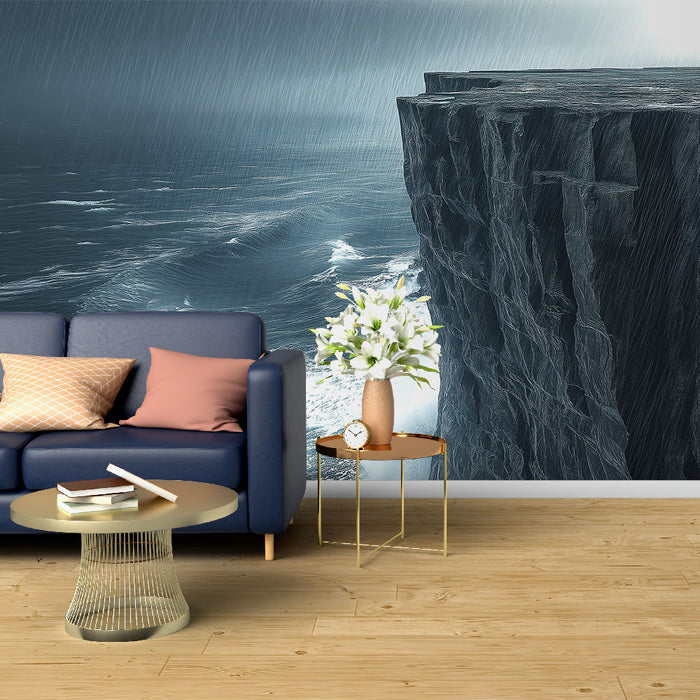 Un salon moderne avec un papier peint représentant une falaise surplombant une mer agitée, créant une ambiance dramatique et apaisante.