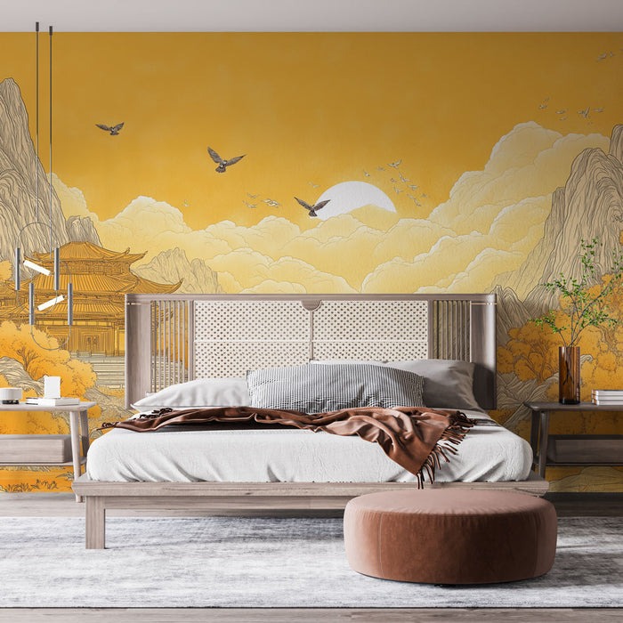 Une chambre élégante avec un papier peint mural aux teintes jaunes représentant un paysage asiatique, mêlant montagnes, nuages et oiseaux, créant une ambiance sereine et poétique.