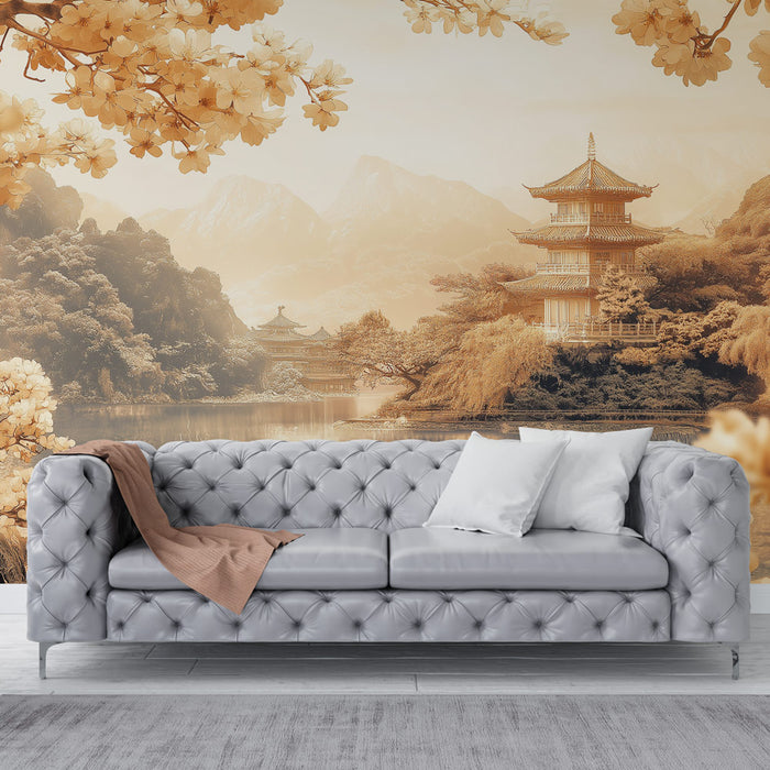 Une salle de séjour élégante avec un papier peint représentant un paysage asiatique en tonalités beige et doré, évoquant sérénité et harmonie.