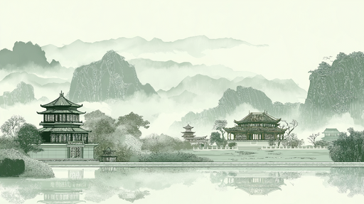 Papier peint paysage oriental Éléments architecturaux et montagnes embrumées