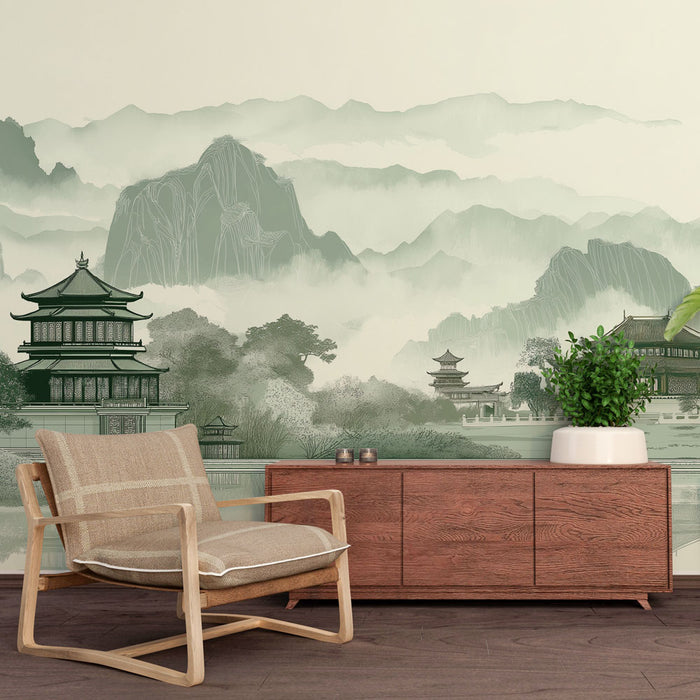 Une pièce moderne avec un papier peint représentant des paysages asiatiques en nuances de vert, créant une atmosphère apaisante et contemplative.
