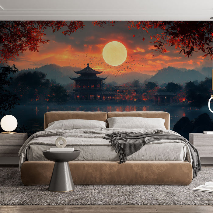 Une chambre moderne avec un papier peint représentant un paysage asiatique au crépuscule, mêlant des teintes chaudes et sombres, créant une atmosphère sereine et poétique.