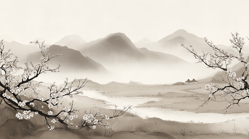 Papier peint paysage oriental Montagnes brumeuses et cerisiers en fleurs