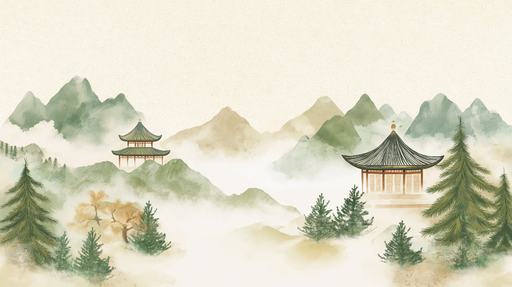 Papier peint paysage oriental Montagnes brumeuses et pagodes élégantes
