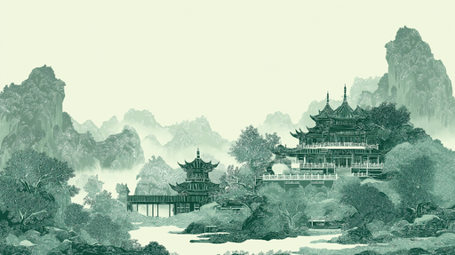 Papier peint paysage oriental Montagnes éthérées et architectures traditionnelles