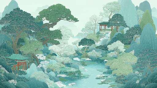 Papier peint paysage oriental Montagnes verdoyantes et pavillon traditionnel