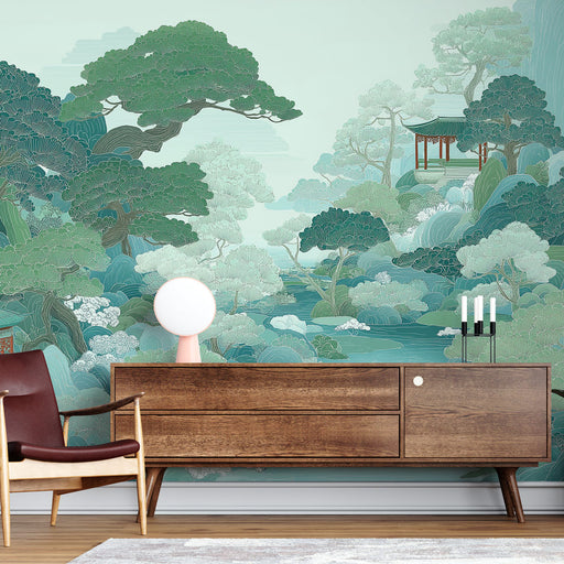 Une pièce moderne avec un papier peint représentant un paysage asiatique apaisant, aux nuances de vert et bleu, évoquant la sérénité et l’harmonie.