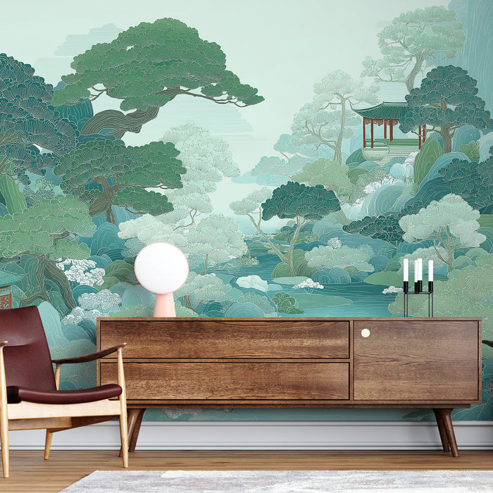 Une pièce moderne avec un papier peint représentant un paysage asiatique apaisant, aux nuances de vert et bleu, évoquant la sérénité et l’harmonie.