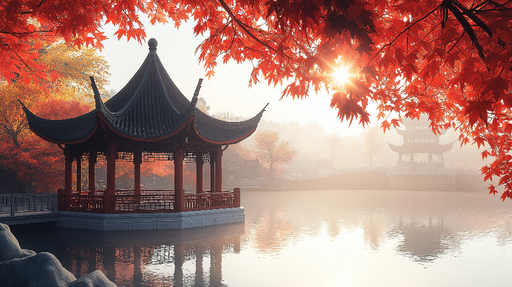 Papier peint paysage oriental Pavillon au bord de l'eau sous les feuilles d'automne