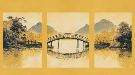 Papier peint paysage oriental Pont en bois sur un lac paisible entouré d'arbres colorés