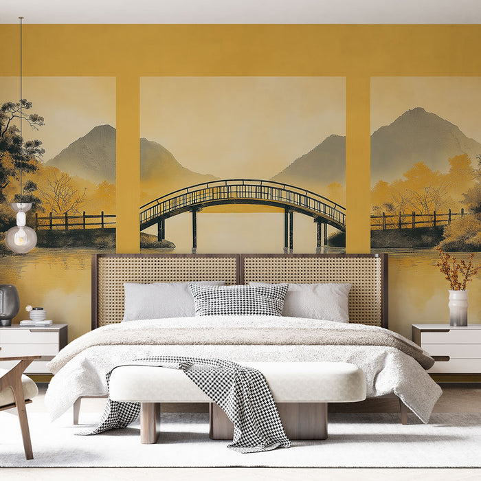 Une chambre élégante avec un papier peint représentant un paysage asiatique apaisant, avec un pont délicat et des montagnes dorées en arrière-plan.