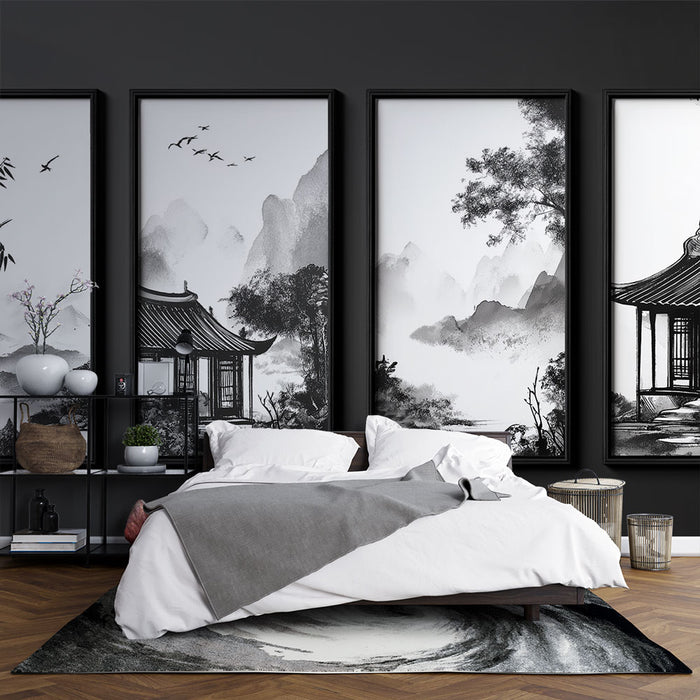 Papier peint paysage oriental | Scènes de montagnes et de pavillons en noir et blanc