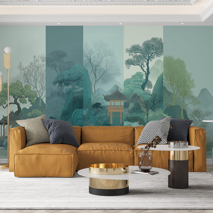 Un salon contemporain avec un papier peint mural représentant un paysage asiatique apaisant aux teintes vertes et bleues, évoquant sérénité et harmonie.