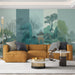 Un salon contemporain avec un papier peint mural représentant un paysage asiatique apaisant aux teintes vertes et bleues, évoquant sérénité et harmonie.