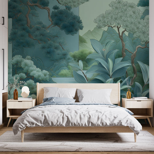 Une chambre apaisante avec un papier peint représentant un paysage végétal luxuriant aux nuances de vert et bleu, créant une atmosphère sereine et naturelle.
