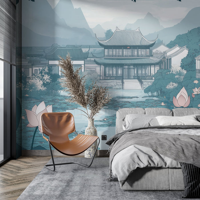 Une chambre moderne avec un papier peint représentant un paysage asiatique apaisant, mêlant montagnes, étang et fleurs de lotus dans des teintes douces de bleu et rose.