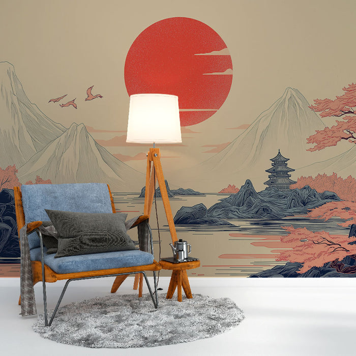 Une chambre accueillante avec un papier peint asiatique représentant des montagnes et un soleil rouge, créant une atmosphère zen et apaisante.