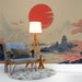 Une chambre accueillante avec un papier peint asiatique représentant des montagnes et un soleil rouge, créant une atmosphère zen et apaisante.