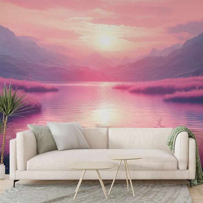 Un salon moderne avec un papier peint représentant un paysage onirique aux teintes roses et violettes, évoquant une atmosphère paisible et romantique.