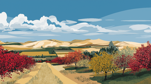 Papier peint paysage pastoral Champs dorés et arbres colorés sous un ciel bleu