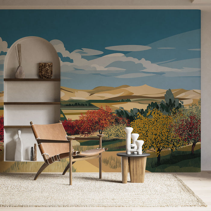 Une pièce lumineuse avec un papier peint représentant un paysage champêtre coloré, mêlant des collines dorées et des arbres aux feuillages vibrants, créant une atmosphère apaisante et accueillante.
