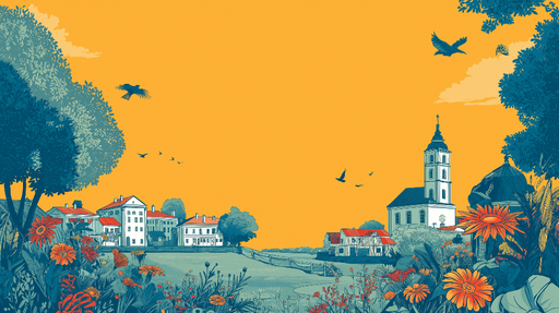 Papier peint paysage pastoral Charmante scène de village avec fleurs éclatantes et ciel doré