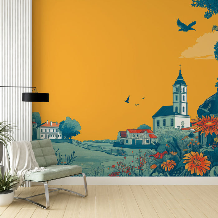 Une pièce lumineuse avec un papier peint illustrant un paysage pastoral aux teintes orange et bleu, évoquant une ambiance chaleureuse et apaisante.